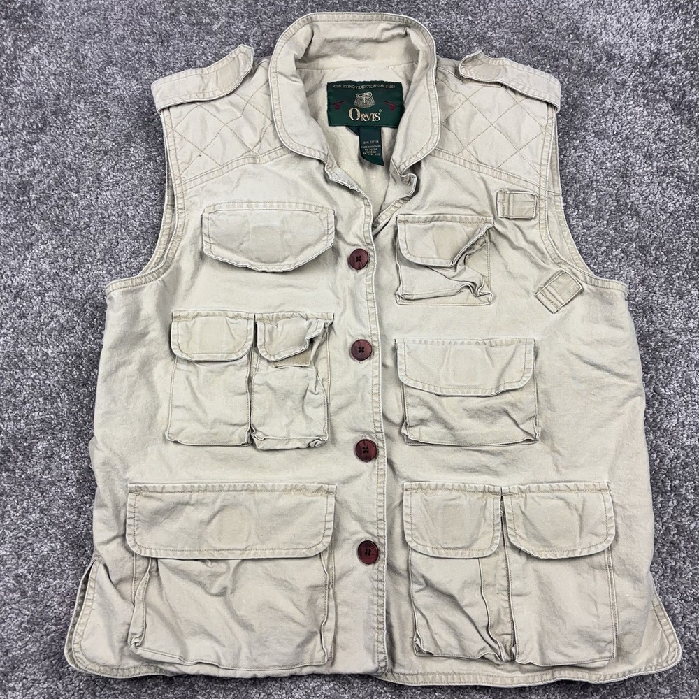 VTG Orvis Vest Mens Large Canvas Fishing Safari Hunting Cargo Pockets Beige